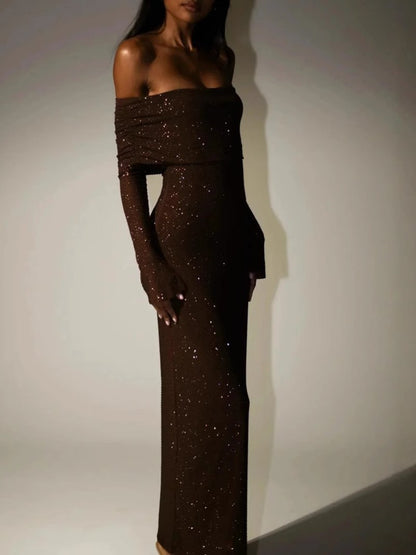 Luxury Off Shoulder Long Sleeve Slim Fit Rhinestone Dress