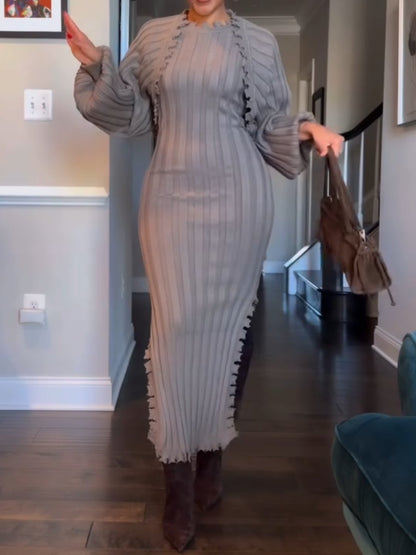 Long-sleeved Cape And Knitted Dress 2pc Set