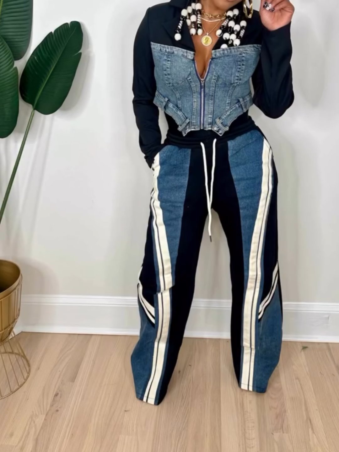 Zip-up Jacket And Terry Jeans Two-piece Set