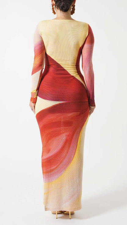 Round Neck Sexy Mesh Printed Slim Maxi Dress