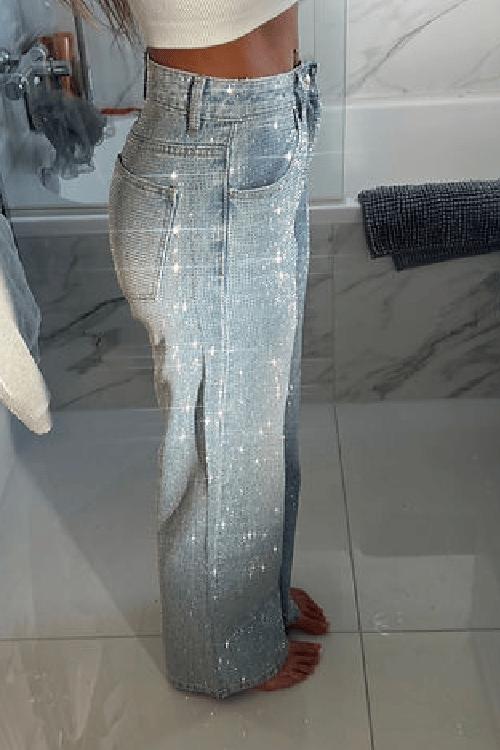 Full Diamanté Embelished Wide Leg Denim Jeans