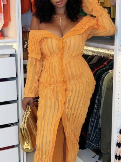 Off Shoulder See Through Pleated Button Down Slit Bodycon Maxi Dress