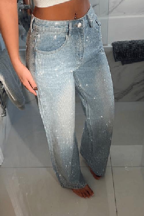 Full Diamanté Embelished Wide Leg Denim Jeans