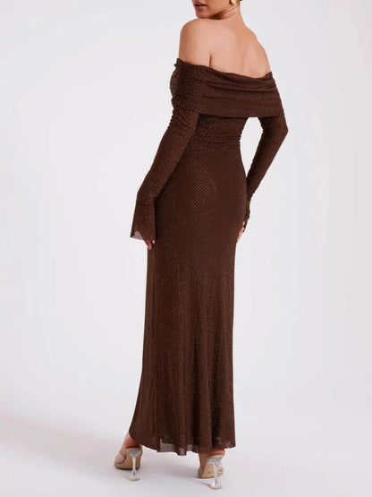 Luxury Off Shoulder Long Sleeve Slim Fit Rhinestone Dress