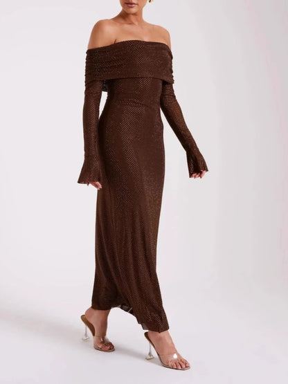 Luxury Off Shoulder Long Sleeve Slim Fit Rhinestone Dress